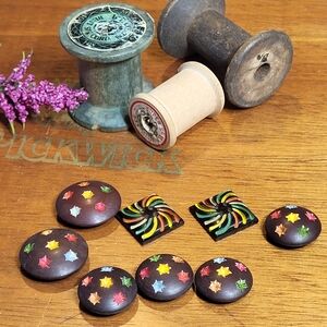 Vintage Lot of Carved Colourful Painted Wooden Sewing Buttons ~ 8 Pieces